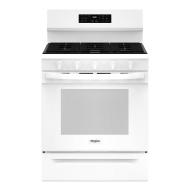 white 30-inch gas range with digital display, five knobs, and large oven window in kitchen appliances collection