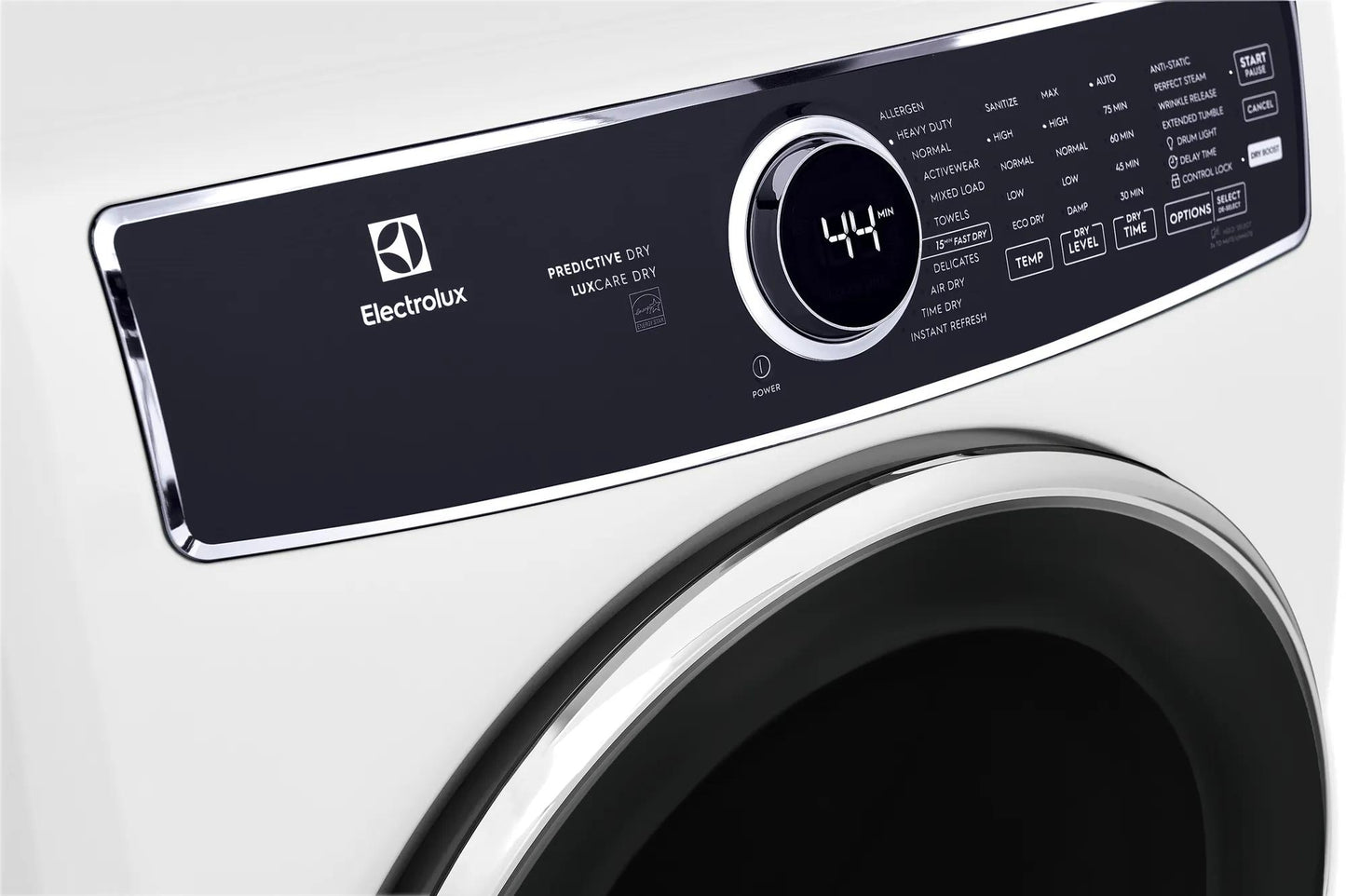 Close-up of white front load dryer control panel with illuminated digital display and multiple cycle options in Dryers collection