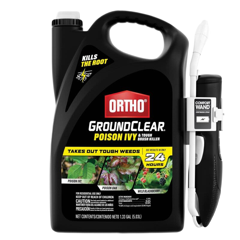Black container of Ortho GroundClear poison ivy and brush killer with attached comfort wand for home improvement use