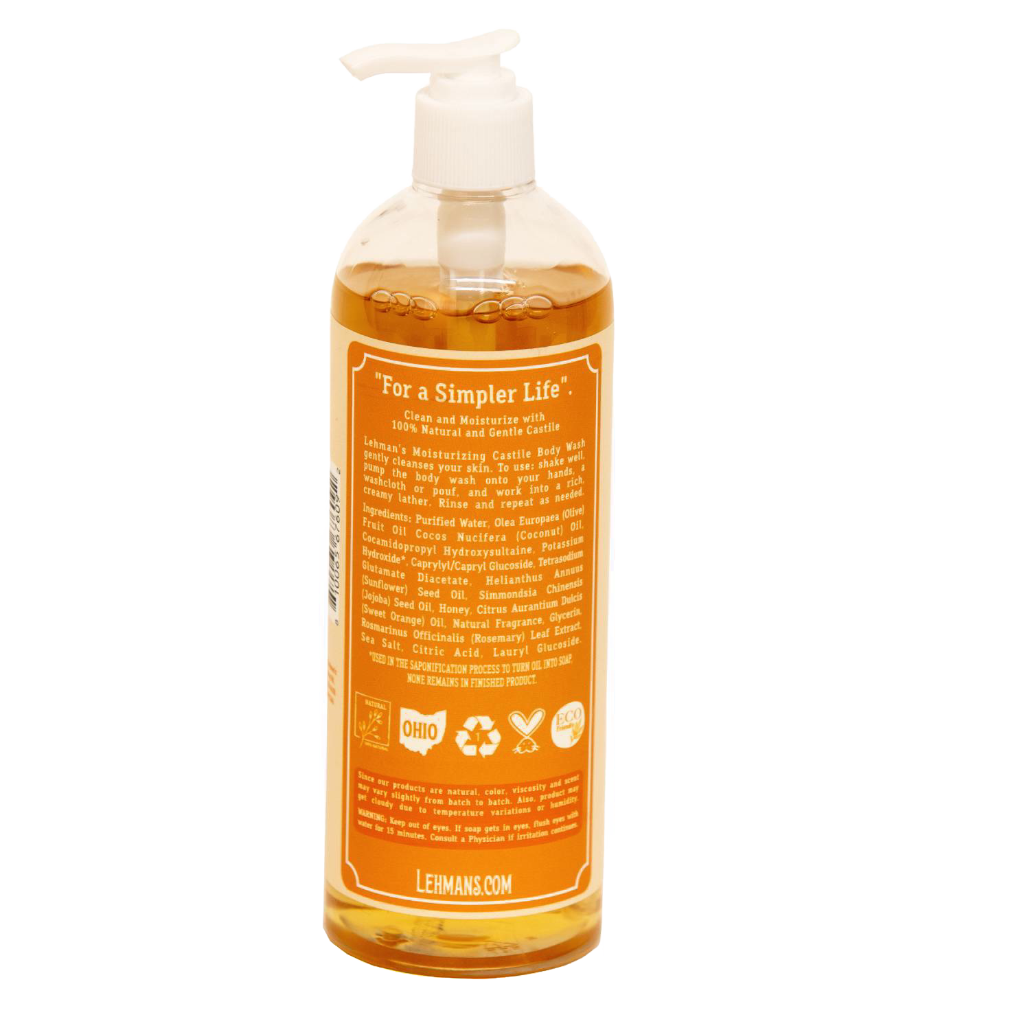 Clear plastic pump bottle of natural moisturizing castile body wash in Health & Beauty and Under $50 collections