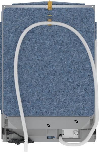 Back view of a 24-inch Bosch dishwasher with blue sound insulation and attached water supply hose from dishwashers collection
