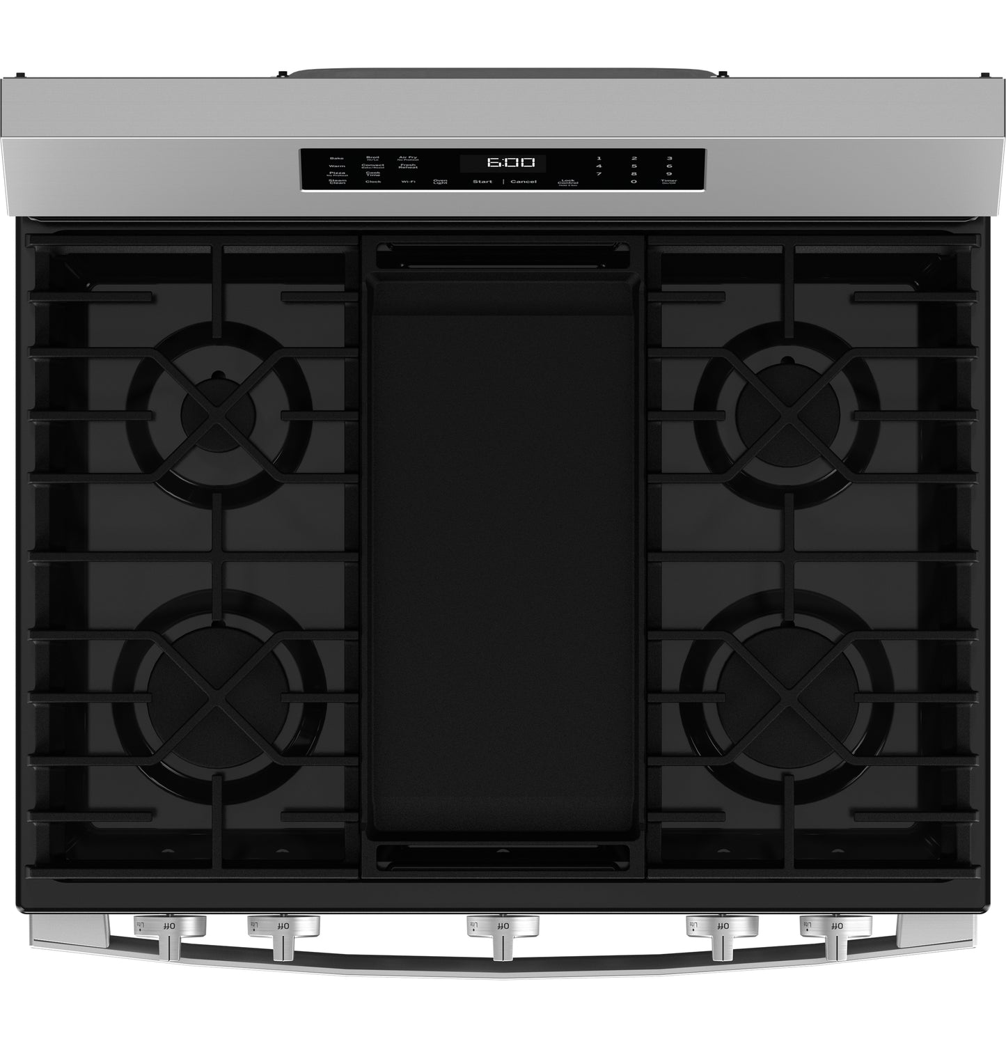 Stainless steel 30-inch gas range with four burners, central griddle, and digital control panel in kitchen appliances collection