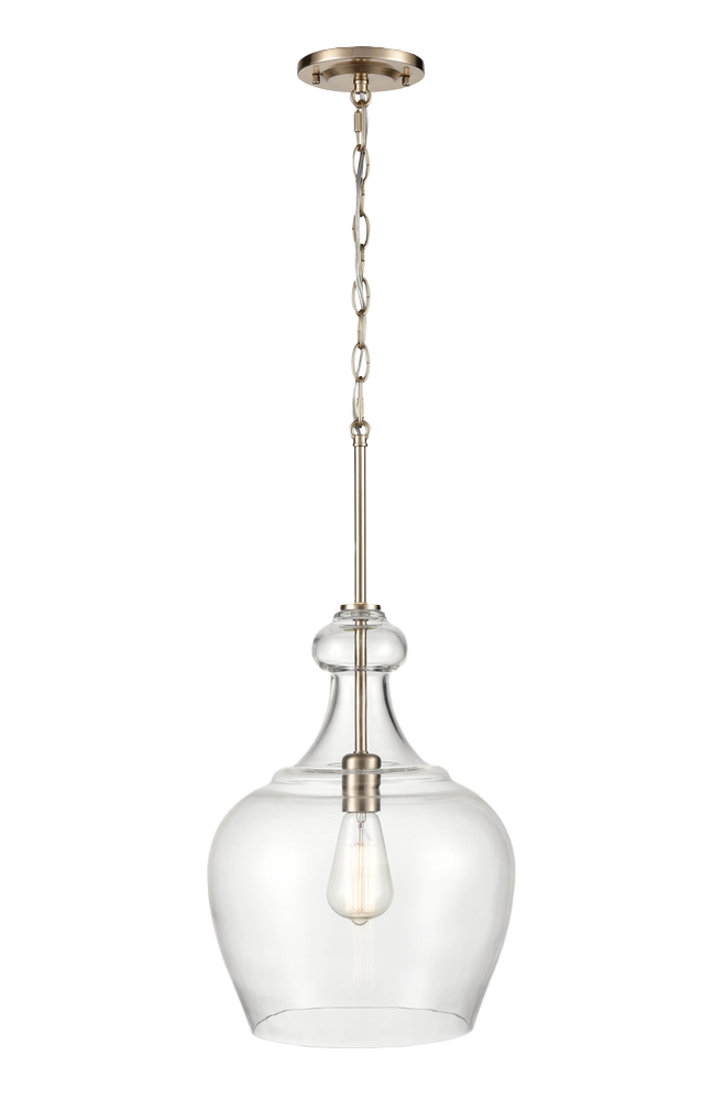 Modern pendant light with clear glass shade and gold toned finish for bathroom and ceiling lighting collections
