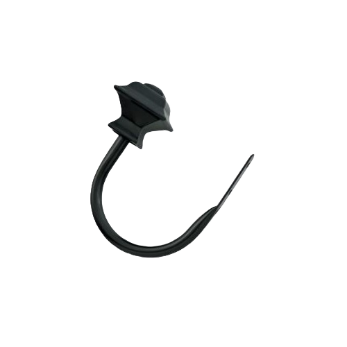 Black square-shaped metal holdback with curved arm for window curtain styling and home improvement use