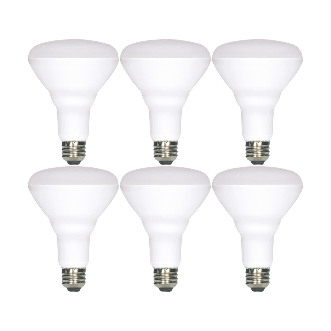 Set of six white BR30 LED light bulbs with medium base, providing natural 5000K light for lighting and electrical use