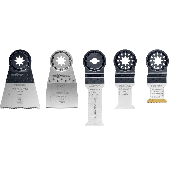 Set of five Festool oscillating saw blades for cutting wood, metal, plastics, and composites in power tool accessories collection