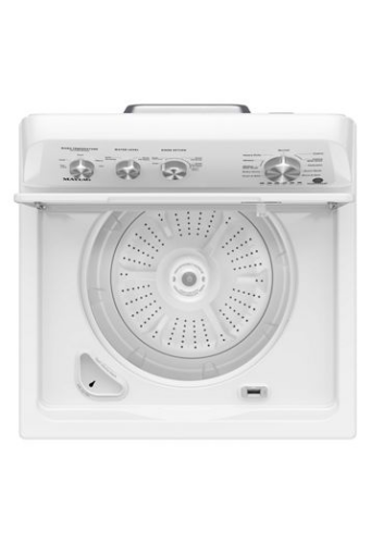 Top load washer in white with stainless steel drum and control panel featuring cycle and water level knobs