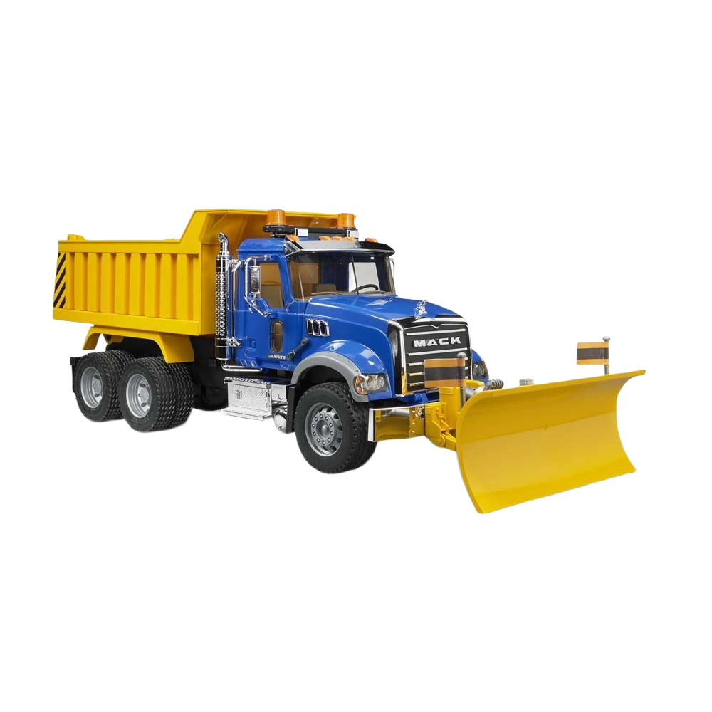Blue and yellow toy dump truck with snow plow attachment for tools and home improvement play