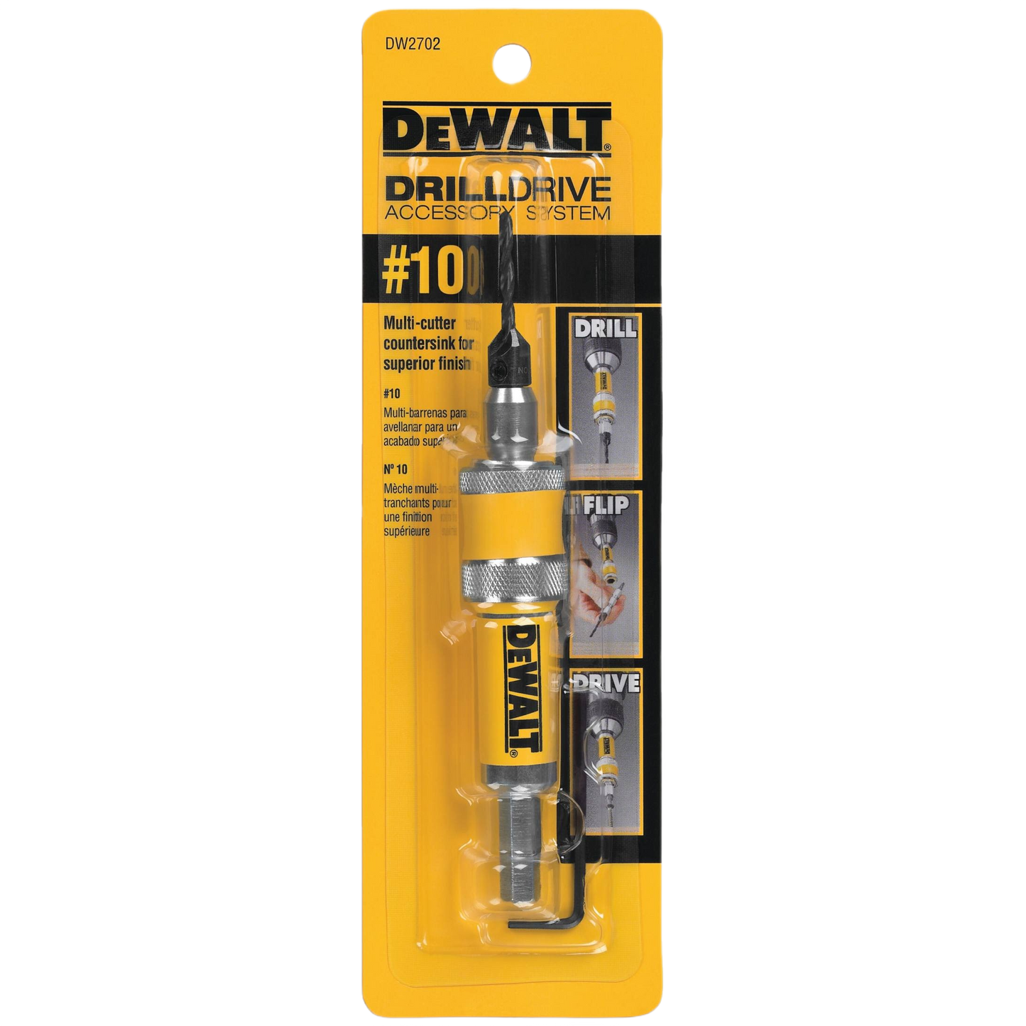 DEWALT black oxide drill and drive unit with multi-cutter countersink, packaged in yellow retail blister pack for home improvement tools