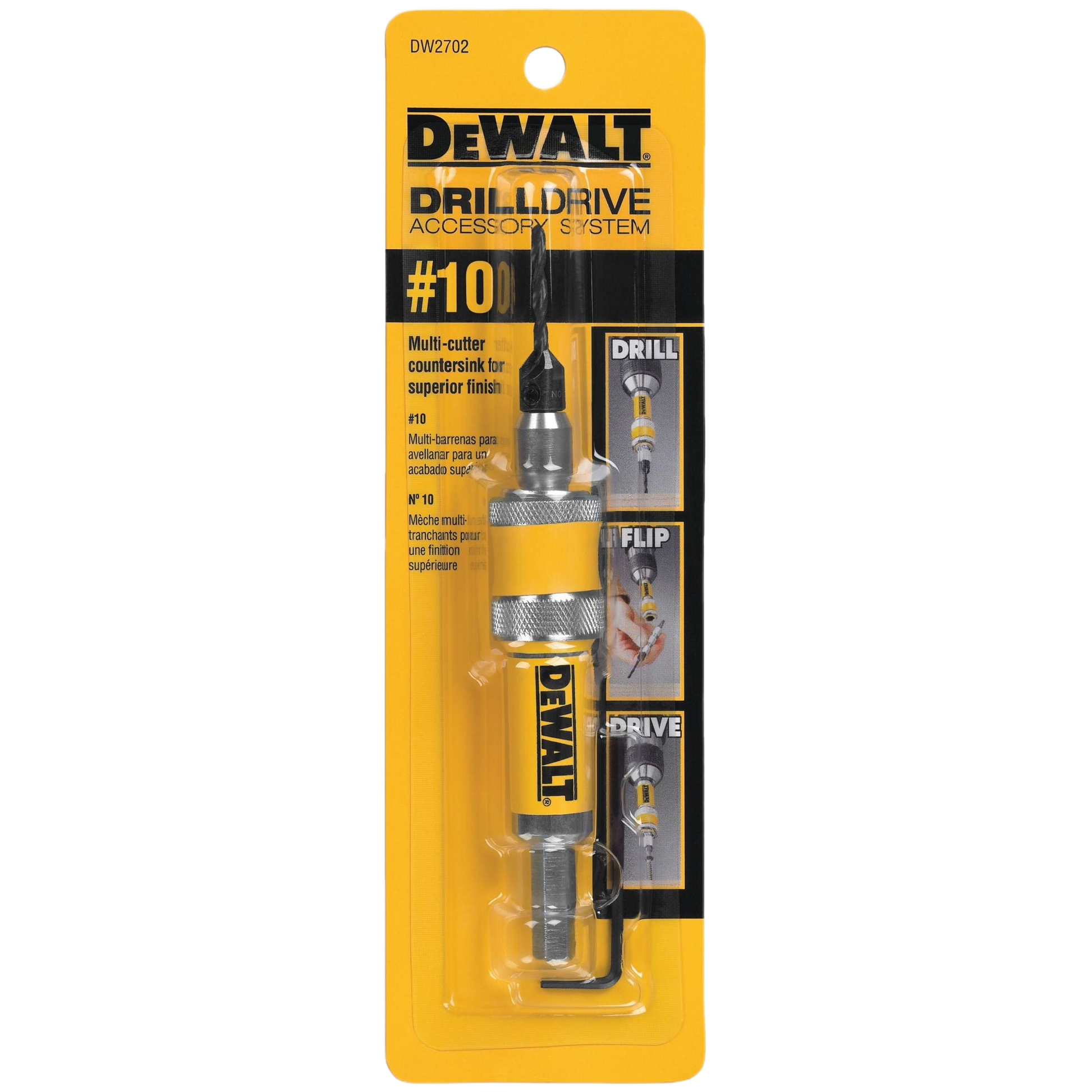 DEWALT black oxide drill and drive unit with multi-cutter countersink, packaged in yellow retail blister pack for home improvement tools