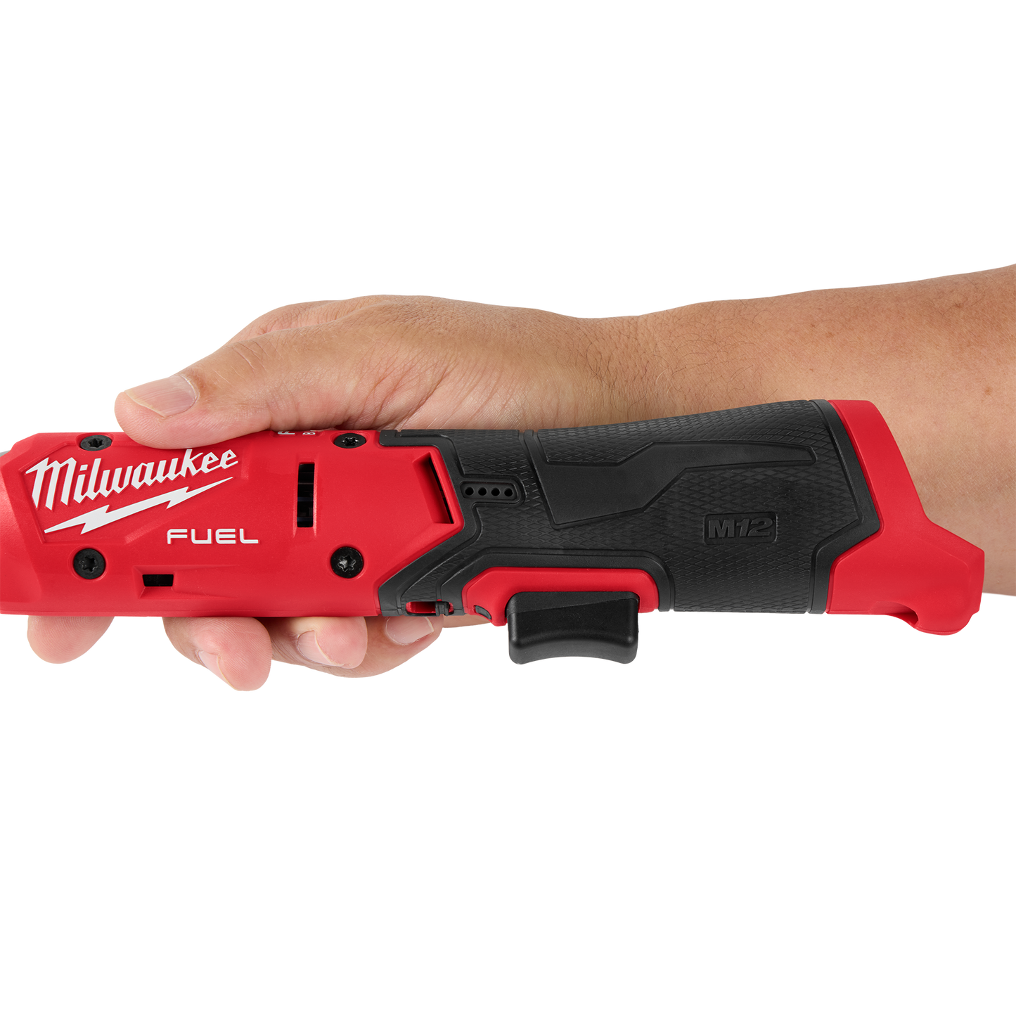 Hand holding a red and black Milwaukee M12 FUEL cordless ratchet with ergonomic grip and trigger, part of Sockets & Ratchets and Hand Tools at Hartville Hardware.