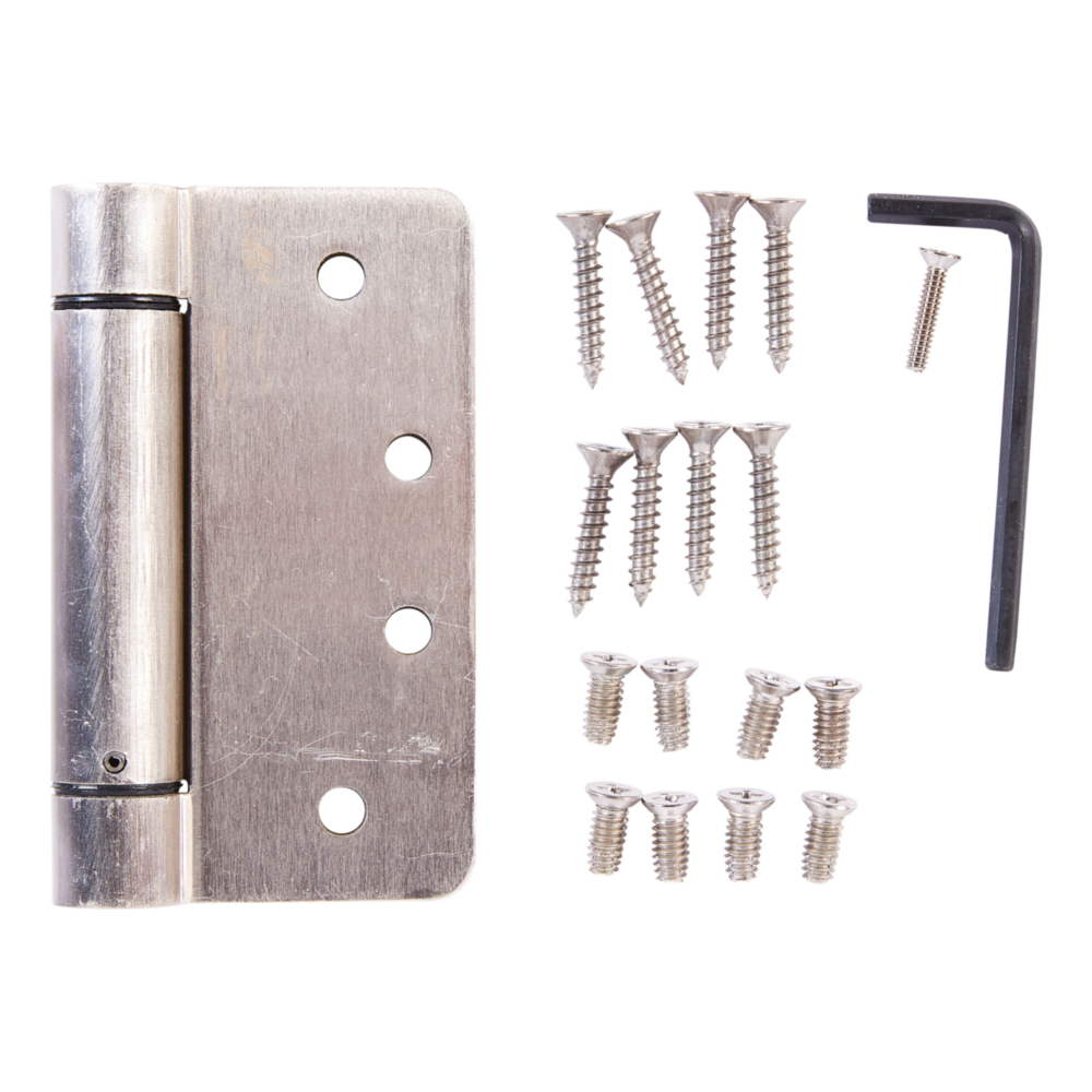 Satin nickel spring door hinge with mounting screws and hex key for home improvement and door hardware projects under 50 dollars