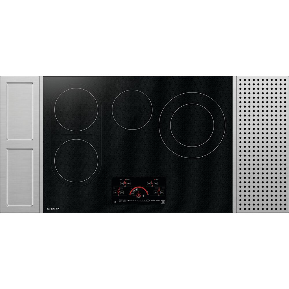 Black glass electric cooktop with four heating zones, digital touch controls, and stainless steel trim from kitchen appliances collection