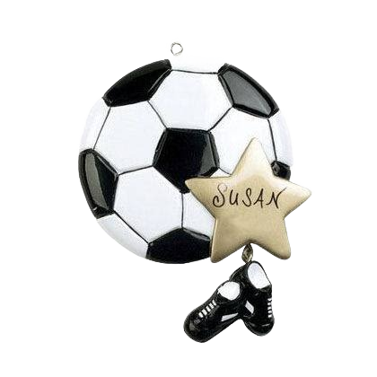 Personalized soccer ball ornament with gold star and dangling cleats in Christmas Ornaments & Tree Decorations collection