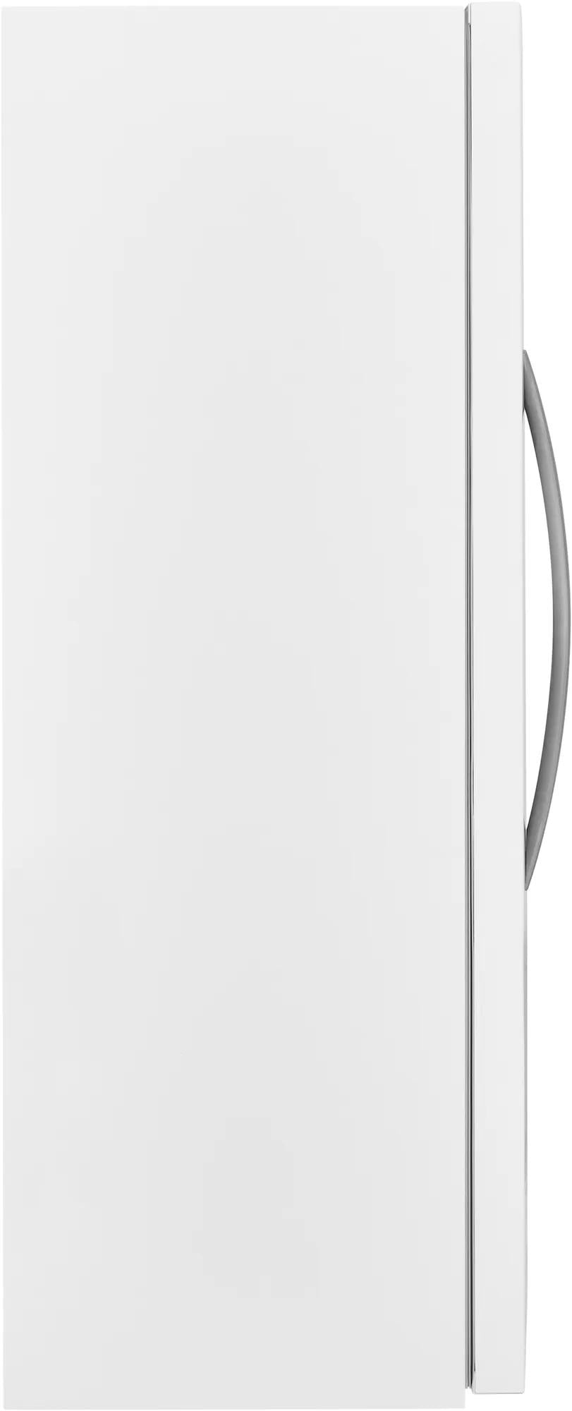 Tall white upright freezer with curved handle, designed for garage use and home improvement appliance needs.