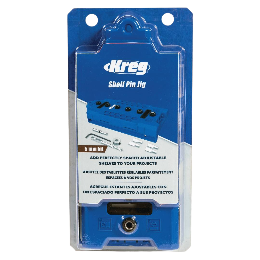 Blue plastic shelf pin jig kit with 5mm bit for precise hole spacing in woodworking projects and home improvement tools under $50