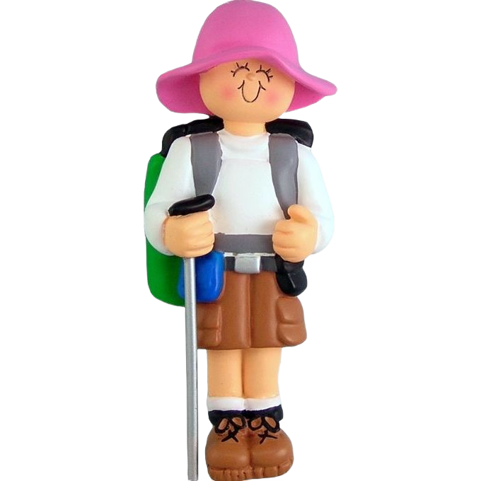 Cheerful female hiker figurine wearing pink hat and brown boots with backpack and walking stick Christmas ornament under $50 collection