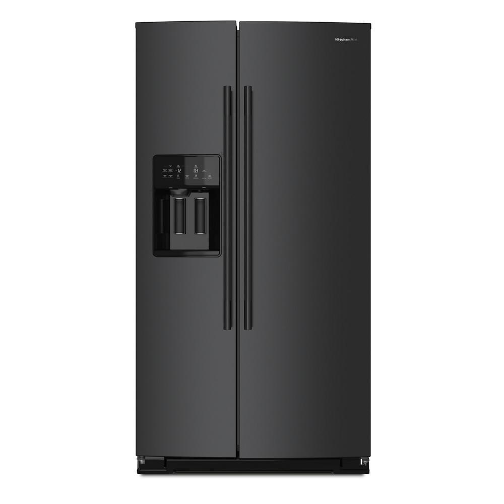 Black ore finish counter-depth side-by-side refrigerator with exterior ice and water dispenser, part of Side-by-Side Refrigerators, KitchenAid Appliances collections.
