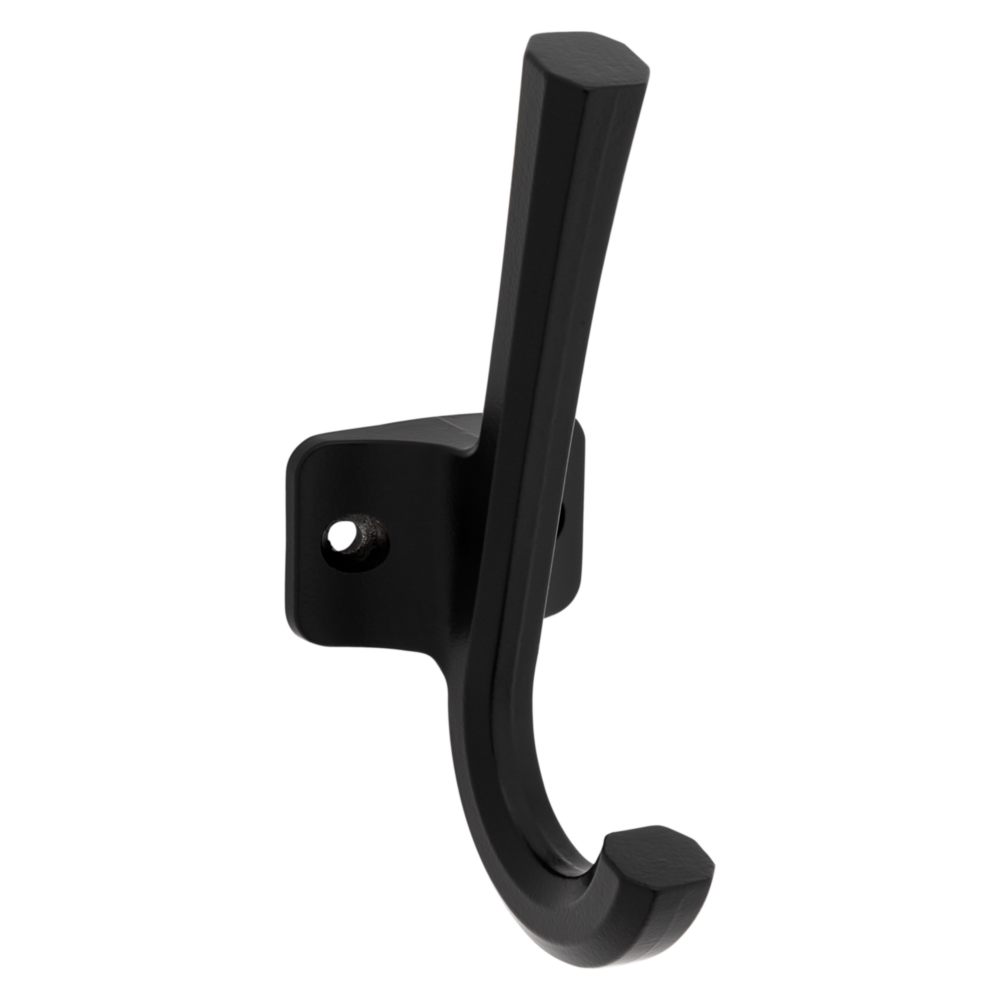 Matte black angled hook with mounting holes for storage and organization in garage and dorm spaces under $50
