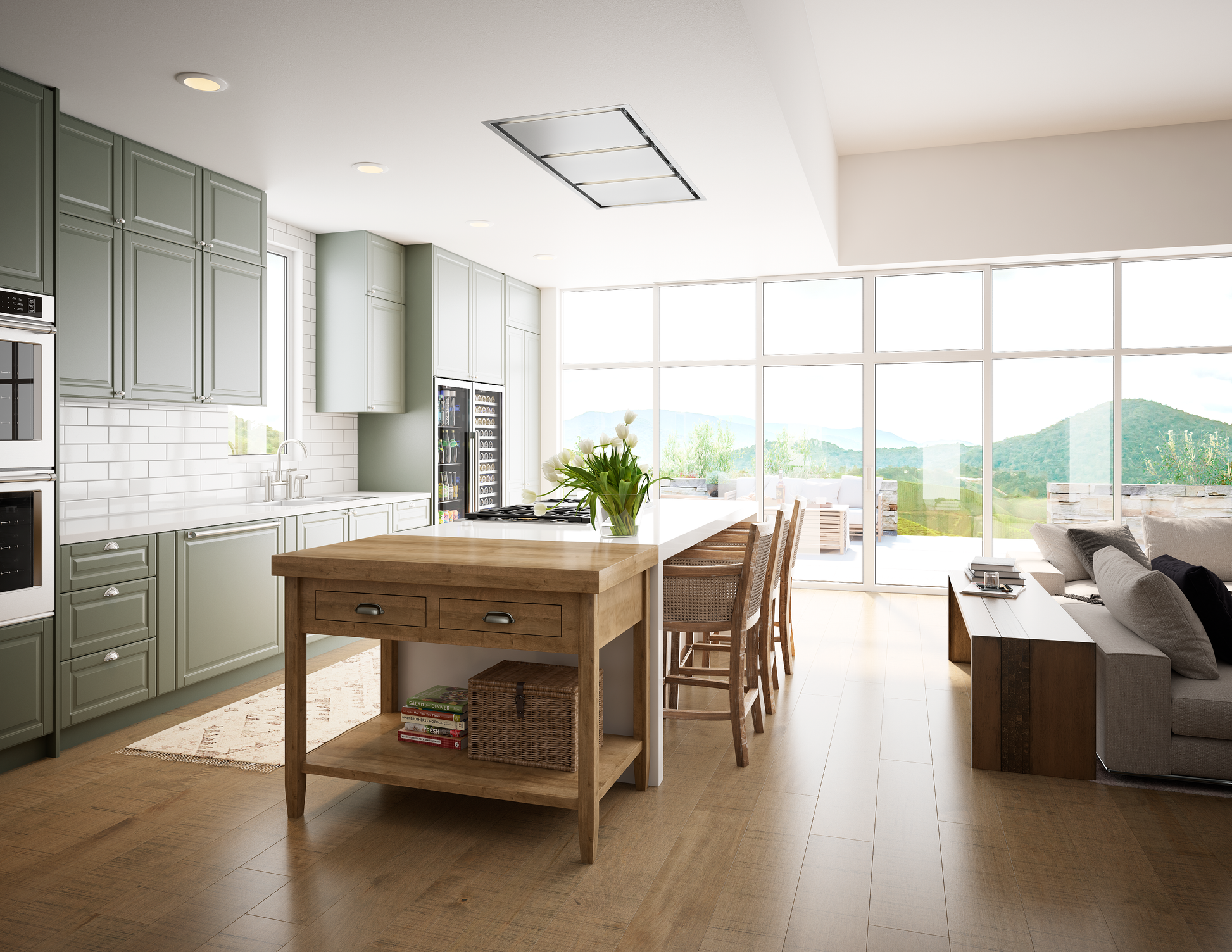 Bright open-concept kitchen with green cabinetry, stainless steel built-in appliances, a wooden island with seating, and a sleek ceiling-mounted range hood, part of Range Hoods, Kitchen & Kitchenware, All Products, and Appliances collections.