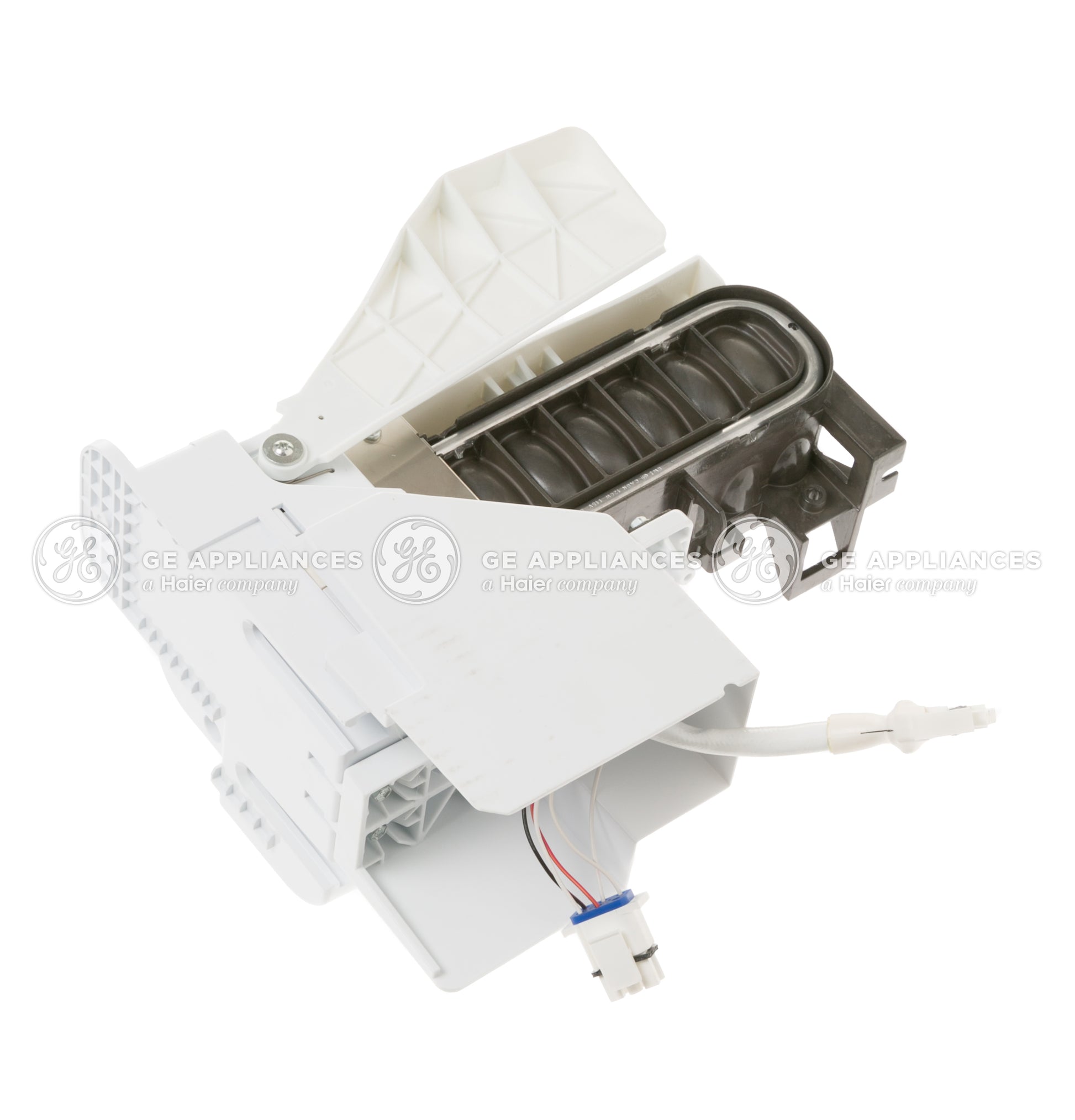 White and stainless steel freezer ice maker assembly with wiring harness for select French-door bottom-freezer refrigerators