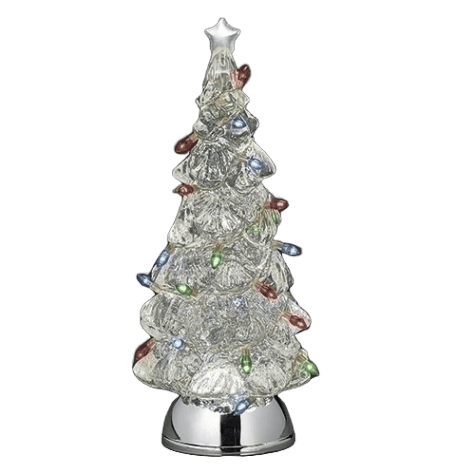Clear frosted decorative USB Christmas tree with colorful tilted bulbs and silver star topper under $100 indoor decor