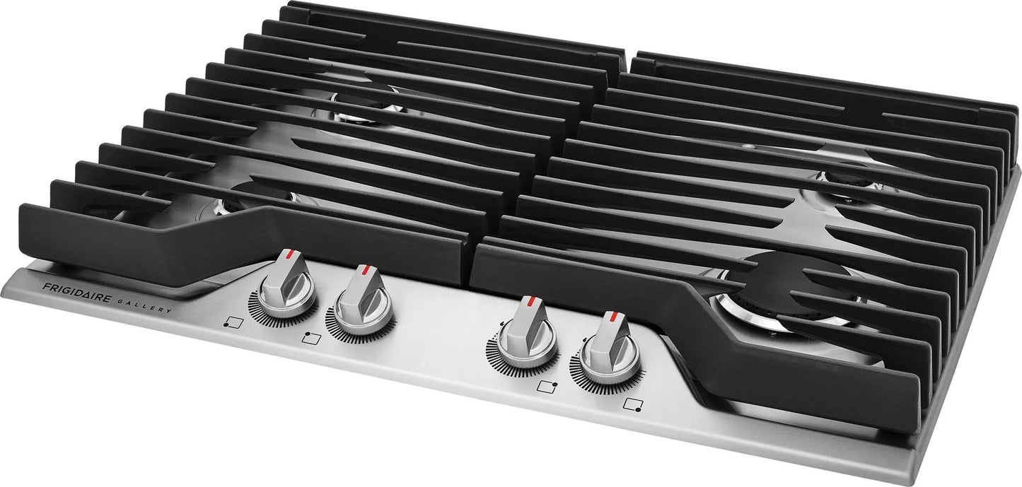 Stainless steel 30-inch gas cooktop with four burners and continuous cast iron grates from Cooktops collection