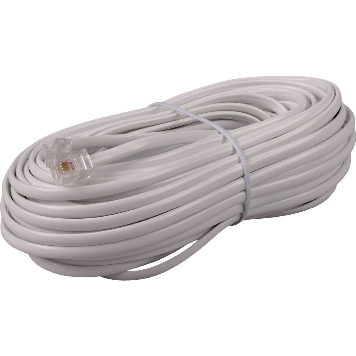 White 50 ft. line phone cord with clear connector, suitable for home improvement and communication setups