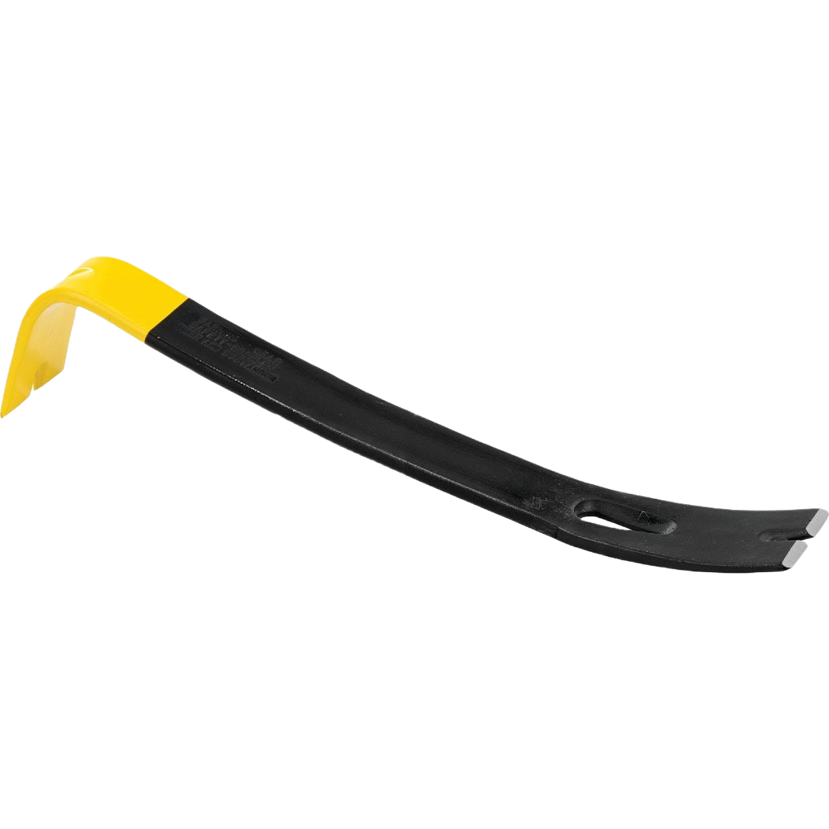Black steel pry bar with yellow handle grip designed for leverage and prying in tools and home improvement tasks