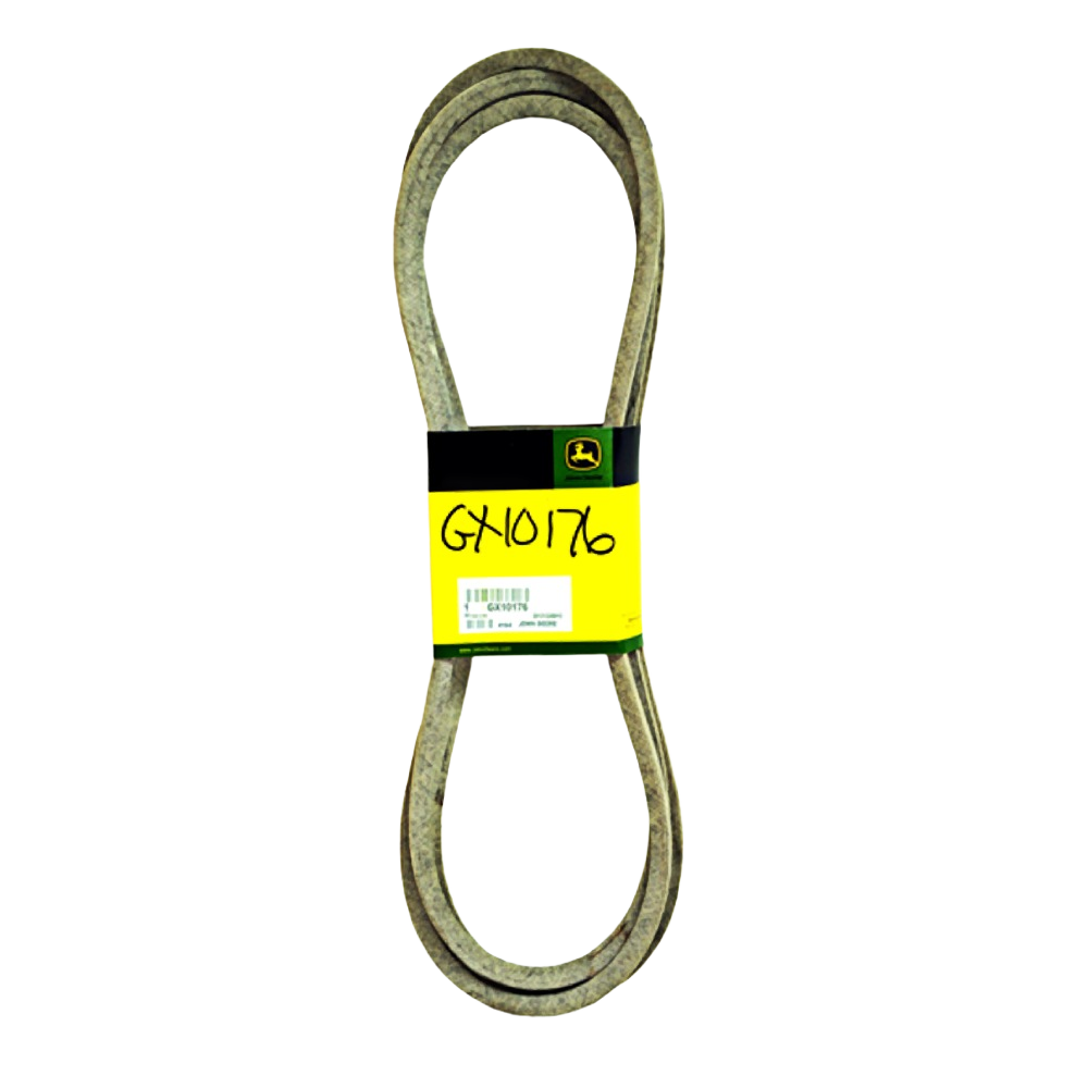John Deere mower deck drive belt with yellow and black packaging for automotive tools and parts collection