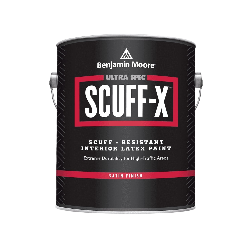 Black can of Benjamin Moore Ultra Spec Scuff-Resistant interior latex paint with satin finish for home improvement projects