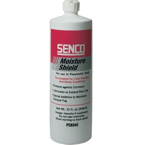 White bottle of Senco moisture shield lubricant designed for tool protection in cold and damp conditions under $50 tool accessories