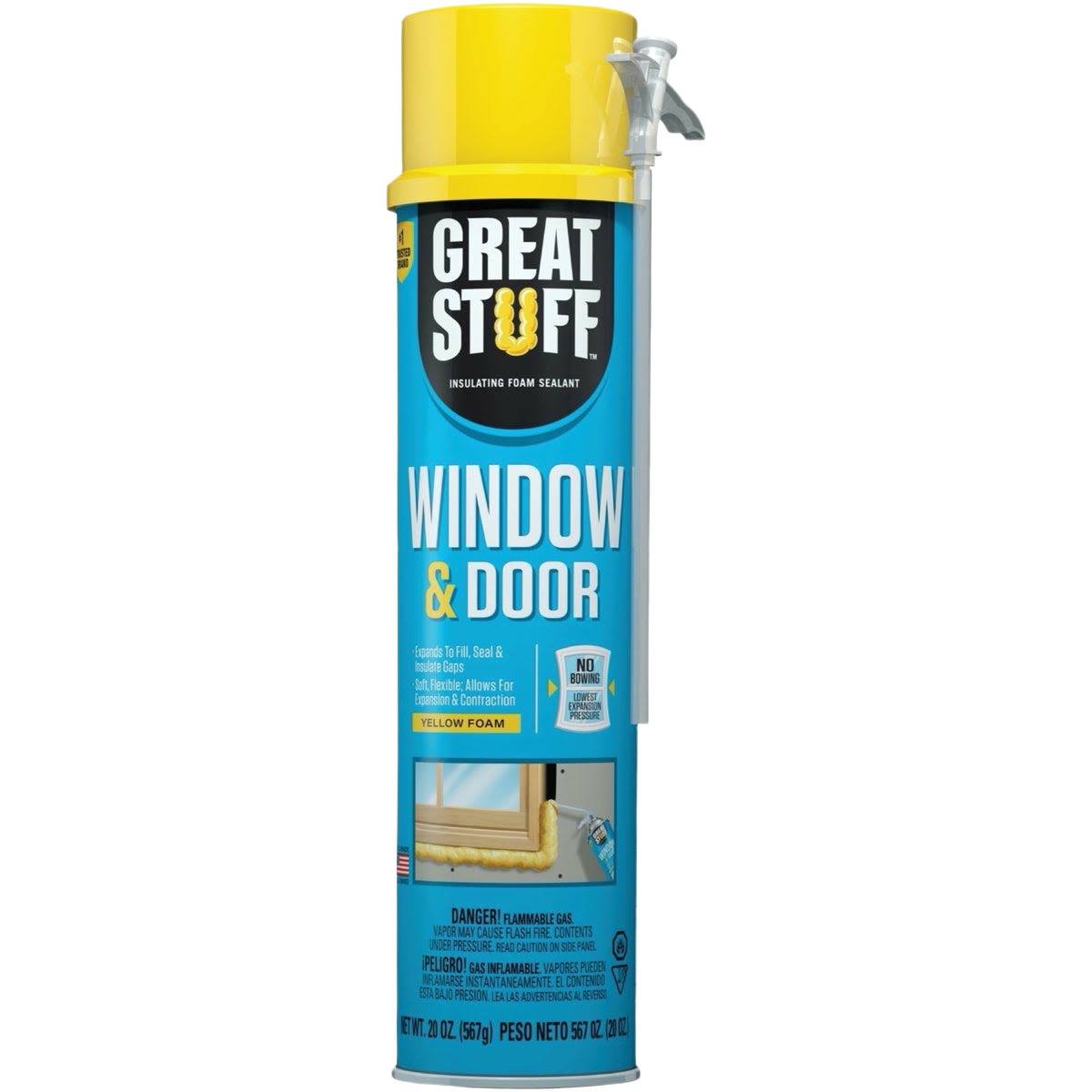 Yellow insulating foam sealant can for sealing and insulating around windows and doors in home improvement collections