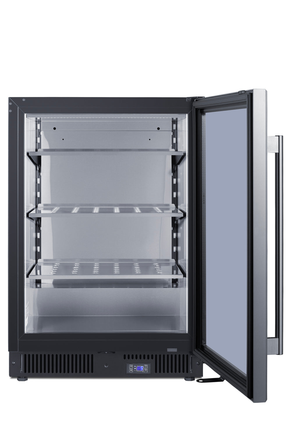 Commercial undercounter freezer with stainless steel shelves and clear glass door open, showing interior shelves and digital control panel