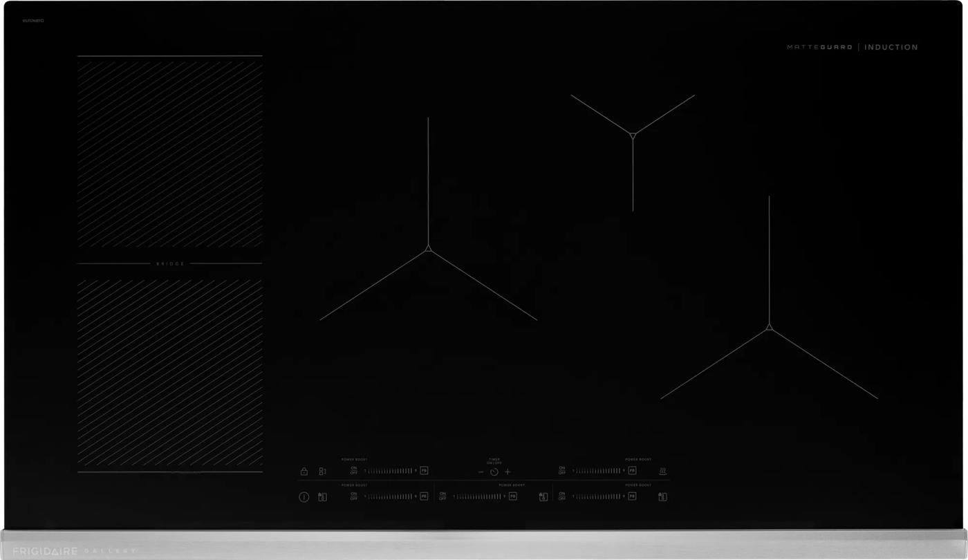 Black 36-inch induction cooktop with MatteGuard surface and touch controls, featured in Kitchen & Kitchenware and Cooktops collections at Hartville Hardware.