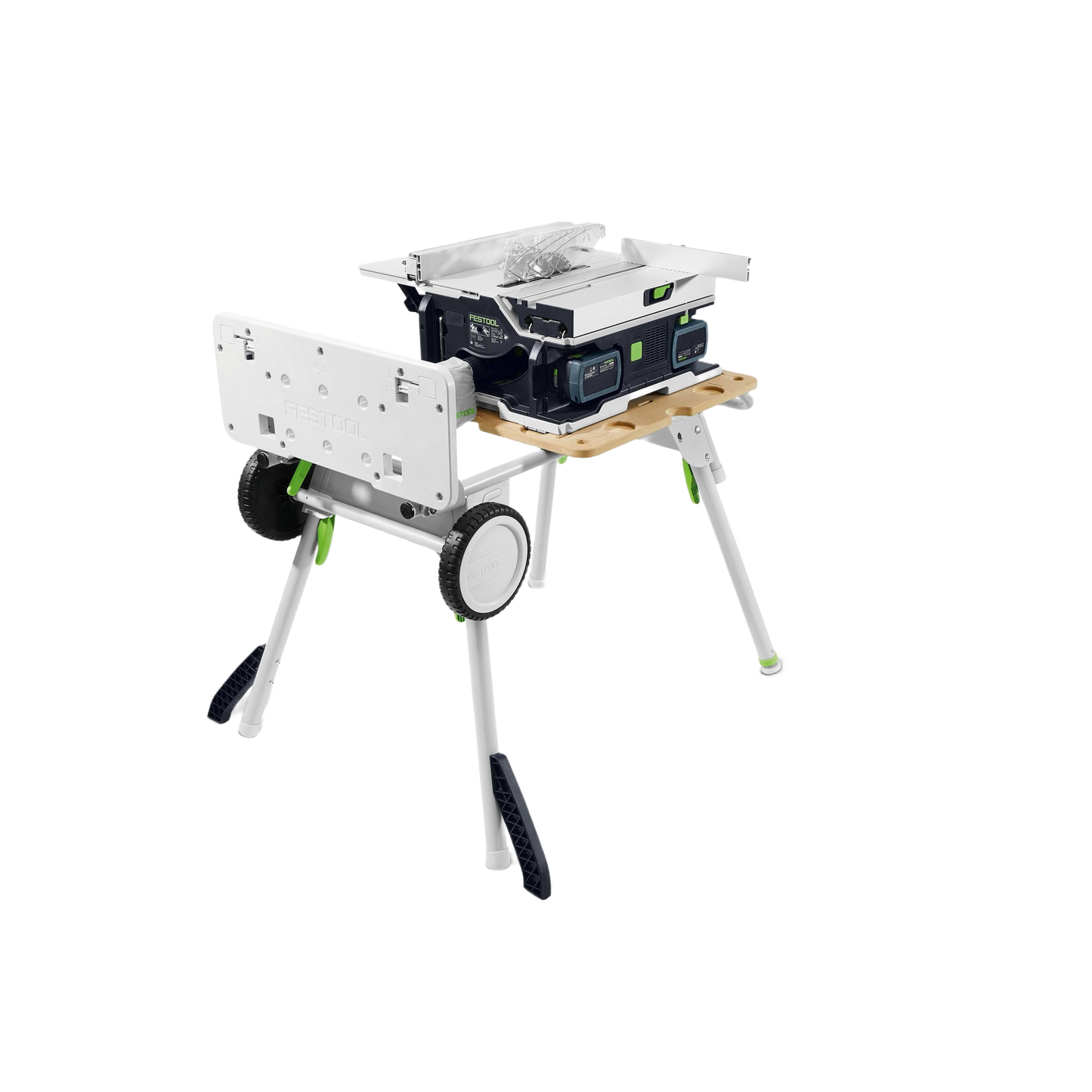 Table saw underframe cart with wheels and foldable legs for woodworking tools and Festool storage mobility solutions