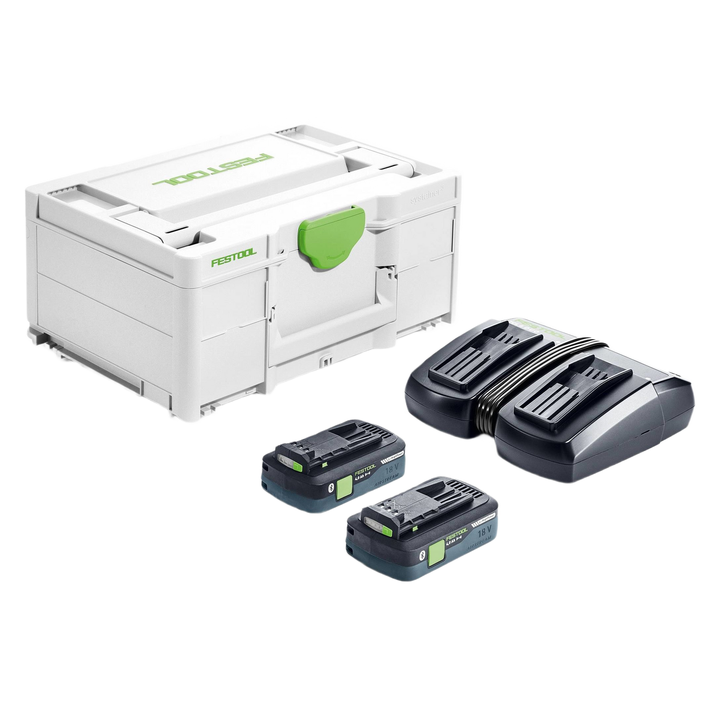 White compact Festool storage case with two black battery packs and dual rapid charger for tool accessories collections