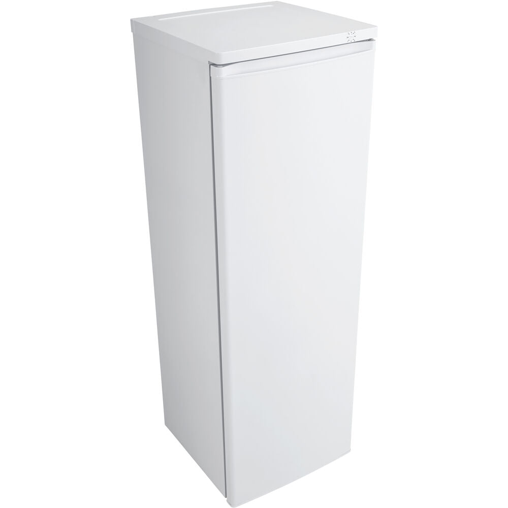 White upright freezer with mechanical thermostat and manual defrost for kitchen and home storage needs