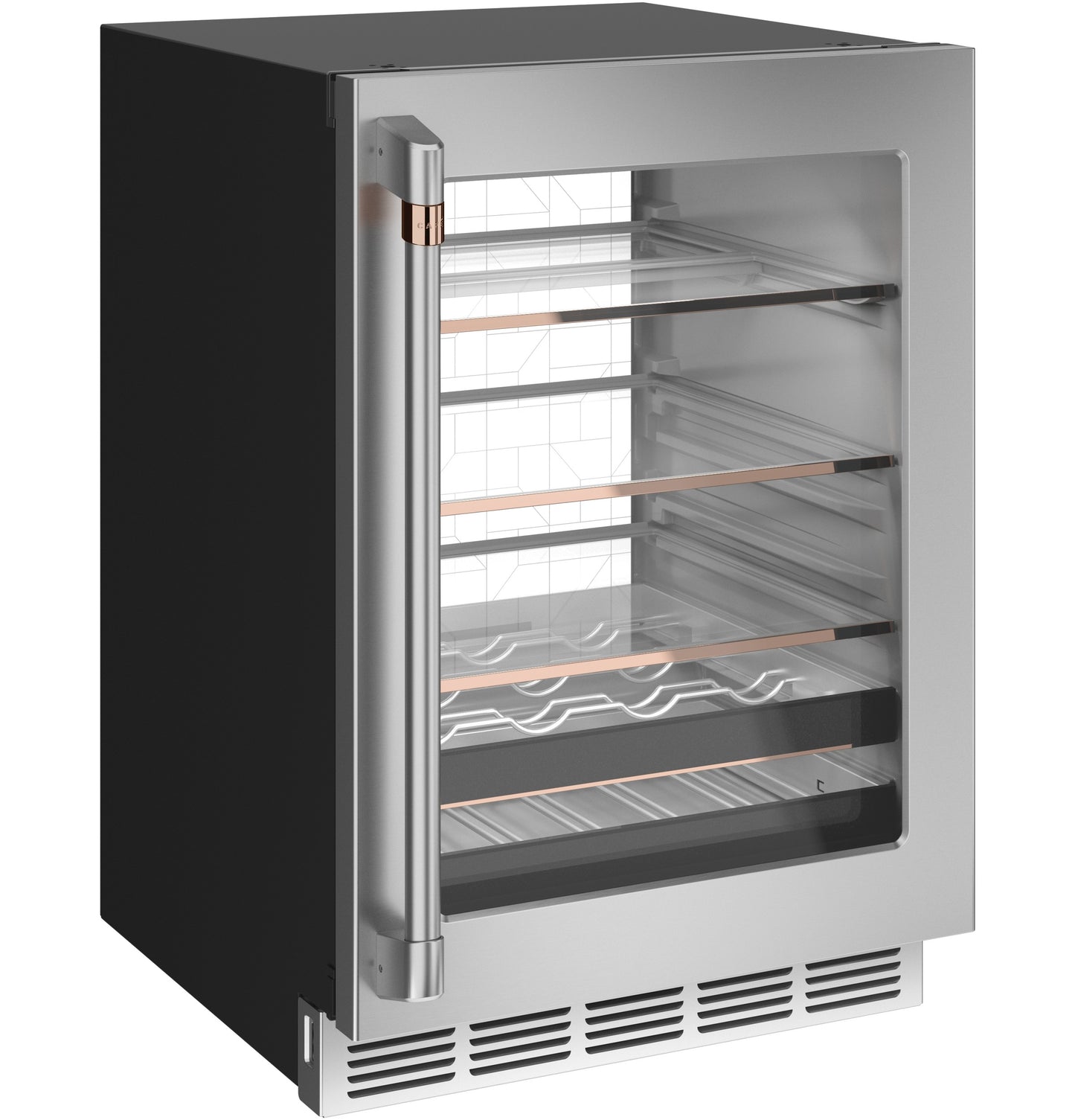 Stainless steel beverage center with glass door and adjustable shelves for kitchen and beverage storage in appliances collection