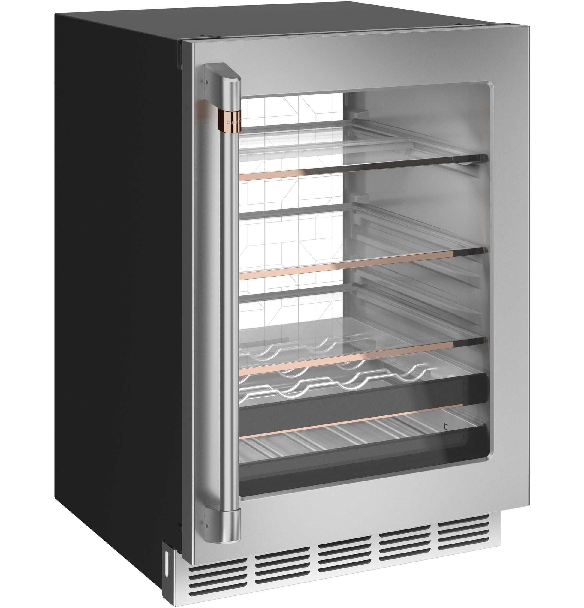 Stainless steel beverage center with glass door and adjustable shelves for kitchen and beverage storage in appliances collection