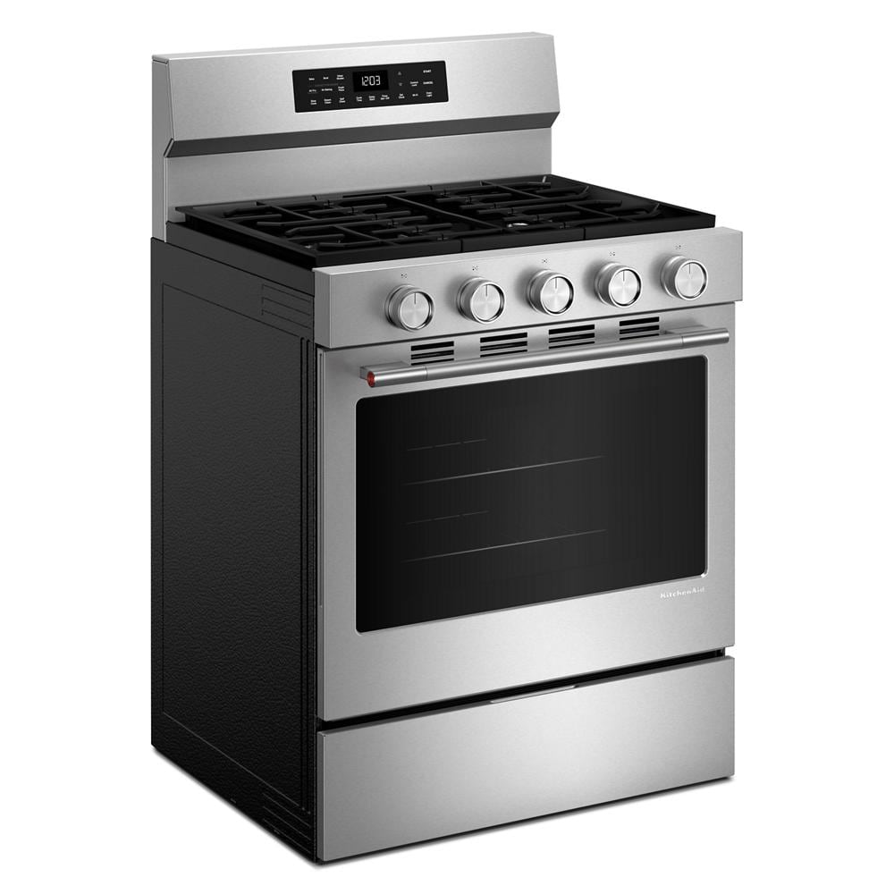 Three-quarter view of a stainless steel 30-inch smart freestanding gas range featuring five control knobs, digital control panel, and a large oven window, suited for ranges and kitchenware collections.
