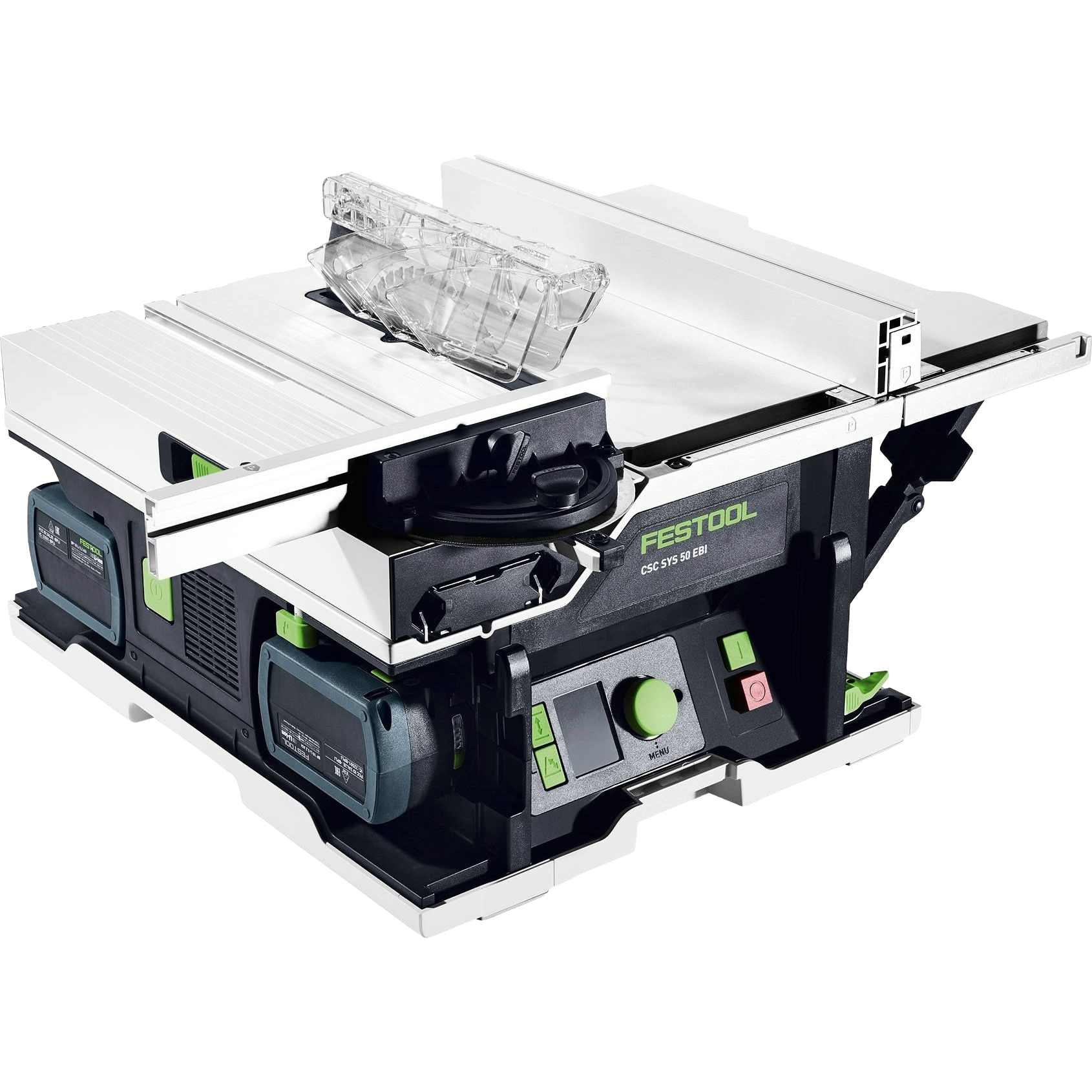 Compact cordless table saw with dual battery packs, adjustable fence, clear blade guard, and control panel, part of Festool Power Tools and Battery Powered collections.