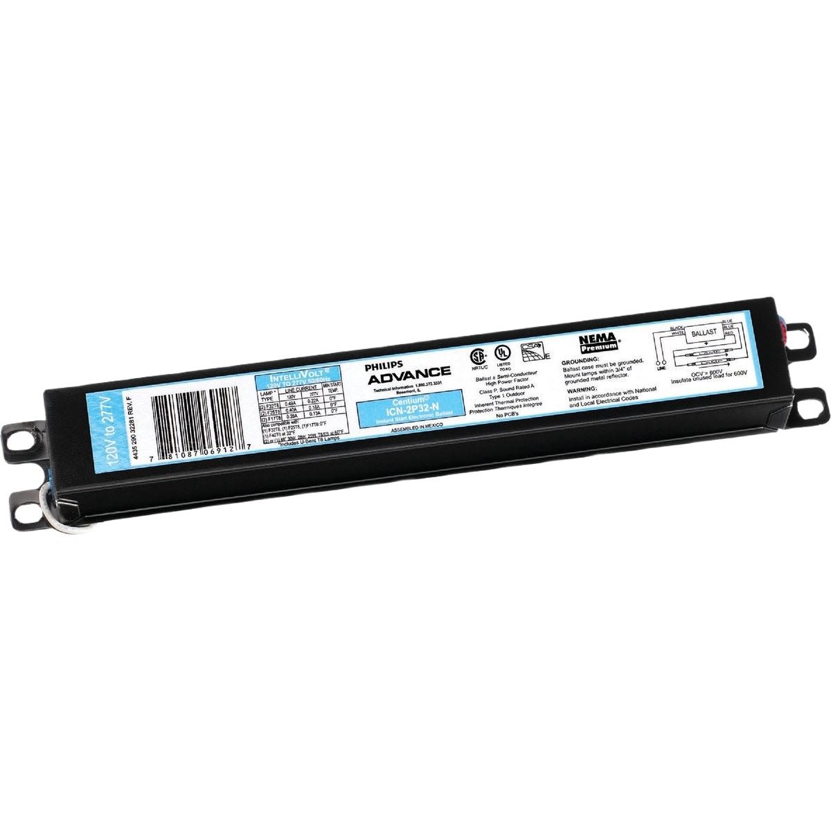 Compact black Philips electronic ballast for T8 lamps with wiring diagram and labeling for electrical use
