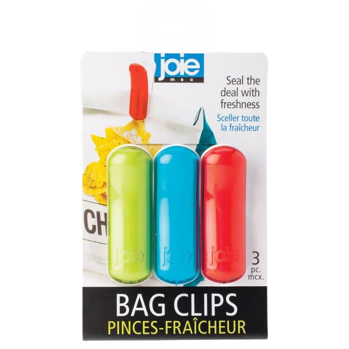 Three colorful plastic bag clips in green, blue, and red for sealing bags in kitchenware collections under $50