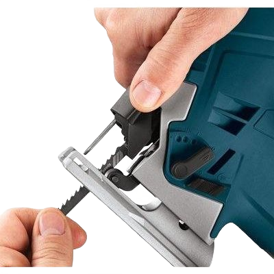 Close-up of hands changing the blade on a blue Bosch 6.5 Amp top-handle jigsaw for home improvement tasks