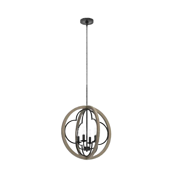Four-light pendant with rustic iron frame and French oak circular accents for modern home lighting