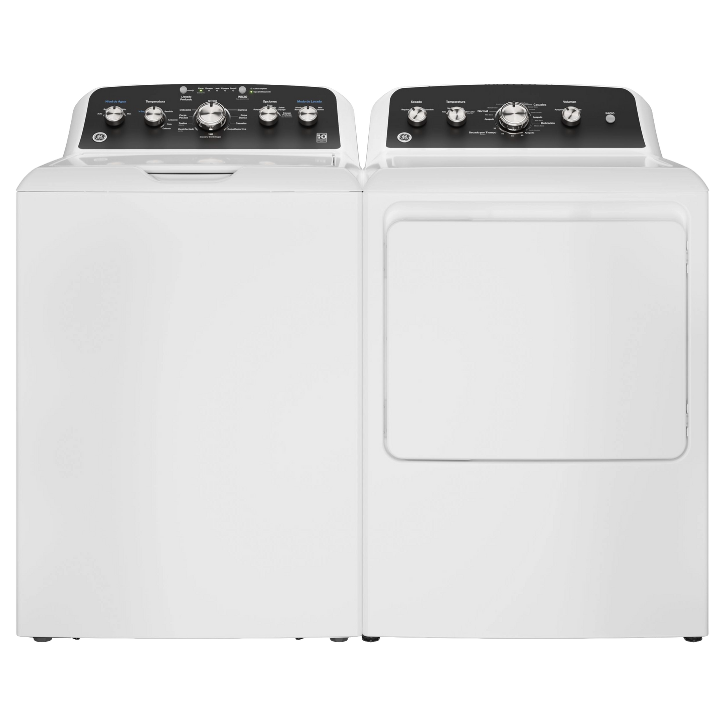 White top load washer and front load dryer set with control knobs and digital display in laundry appliances collection