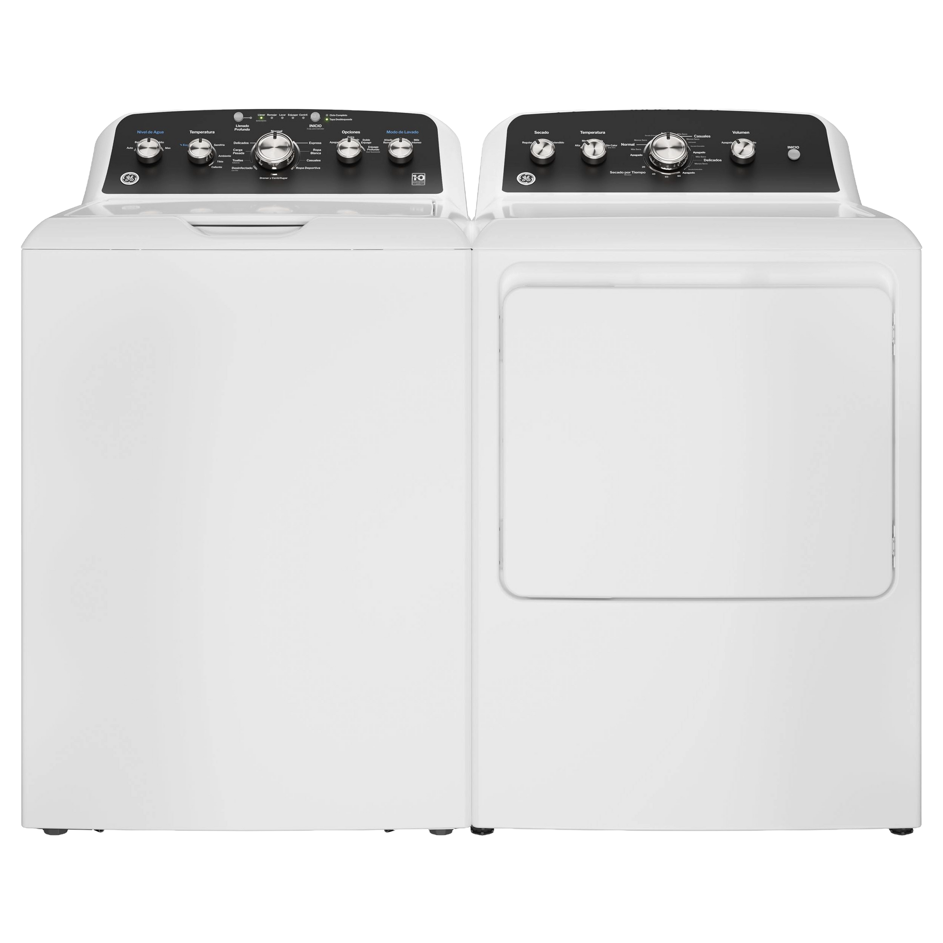 White top load washer and front load dryer set with control knobs and digital display in laundry appliances collection