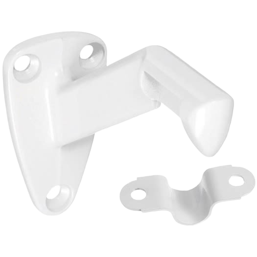White zinc die-cast handrail bracket with steel strap for secure mounting in shelving and storage organization projects