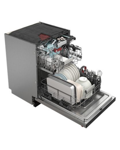 Open dishwasher with multiple racks loaded with various dishes, cookware, and utensils in kitchen appliance setting
